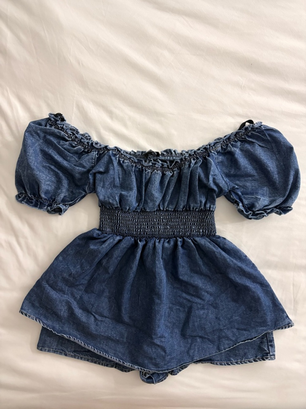 Denim Blue Off-Shoulder womens Romper Dress with Smocked Waist